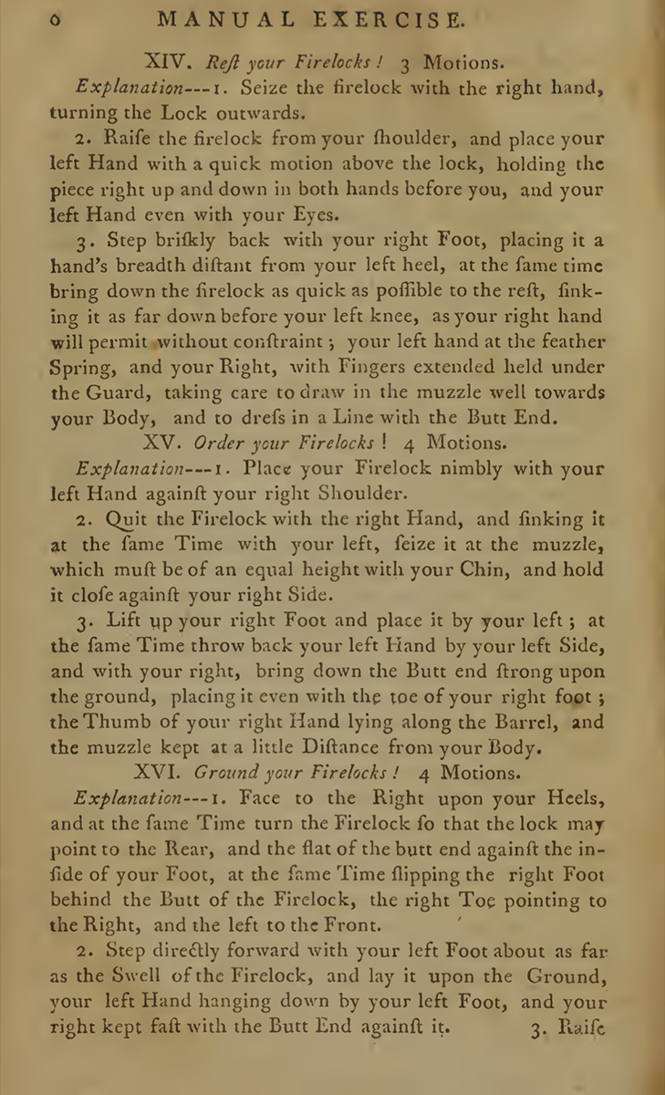 Instructions on the posture of a soldier, The Manual of Exercise, as Ordered by His Majesty, in the Year 1764. (Philadelphia: J. Humphreys & R. Bell & R. Aitken, 1776)